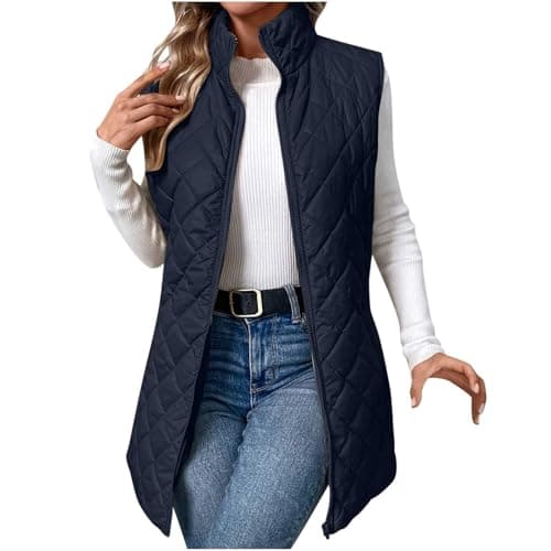 Image of Womens Quilted Gilet Lightweight Sleeveless Waistcoat Ladies Stand Collar Padded Gilets Zip Up Vest Coats Solid Color Casual Gilet Jacket Bodywarmer Fall Winter Warm Puffer Jackets