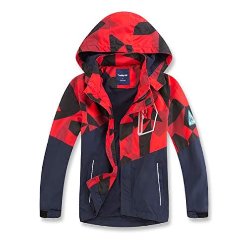 Image of BuyiRen Boys Windbreakers Jacket Rain Jackets Hooded Raincoat Fleece Lined Rain Coats for Kids, Red Geo Block, 5-6 Years