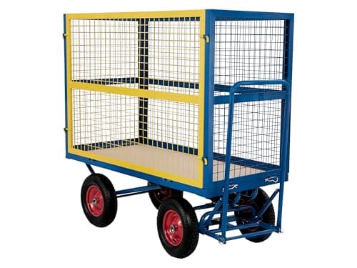 Image of Turntable Trolley, Heavy Duty 1000kg Weight Capacity Blue Steel Site Platform Hand Truck Cart on Pneumatic Wheels with Ergonomic Handle (Mesh Cage)