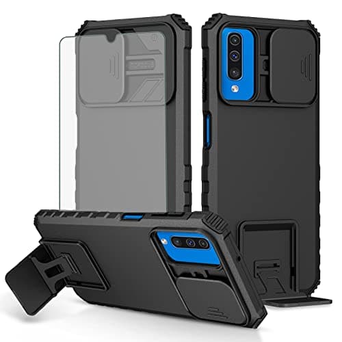Image of Asuwish Phone Case for Samsung Galaxy A70 with Tempered Glass Screen Protector and Slide Camera Cover Kickstand Stand Slim Protective Mobile Hard Cell Accessories A70S A 70 70A S70 Women Men Black