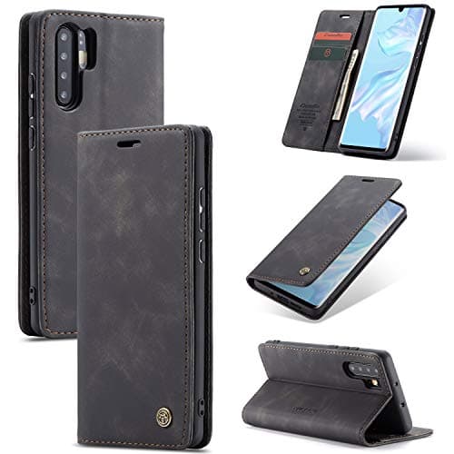 Image of QLTYPRI Case for Huawei P30 Pro, Vintage PU Leather Wallet Case with Credit Card Slot Holder Stand Function Magnetic Closure Shockproof Flip Cover for Huawei P30 Pro - Black