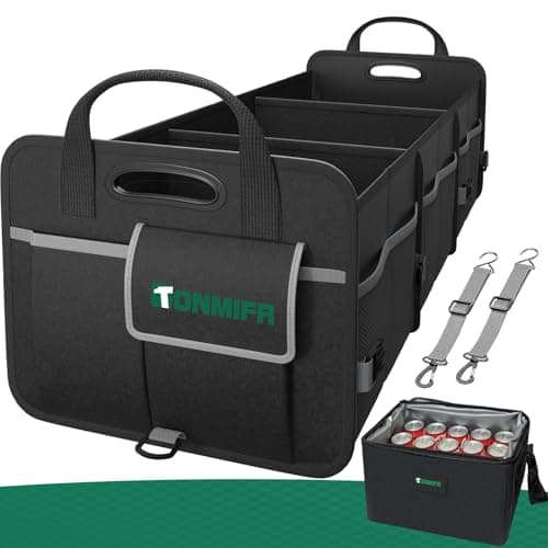 Image of Tonmifr Car Boot Organiser with 20L Fresh-Keeping Bag, Heavy-Duty 600D Oxford Collapsible Tidy for SUV/Hatchback/Estate, Large Capacity Organiser (92L + 20L), 2 Securing Hooks & Reflective Strips