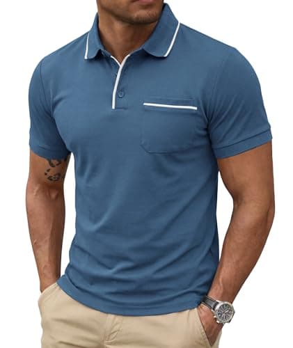 Image of Elainone Men's Polo Shirts Cotton Short Sleeve Golf T-Shirt with Pocket Striped Collar Casual Work Tops Blue