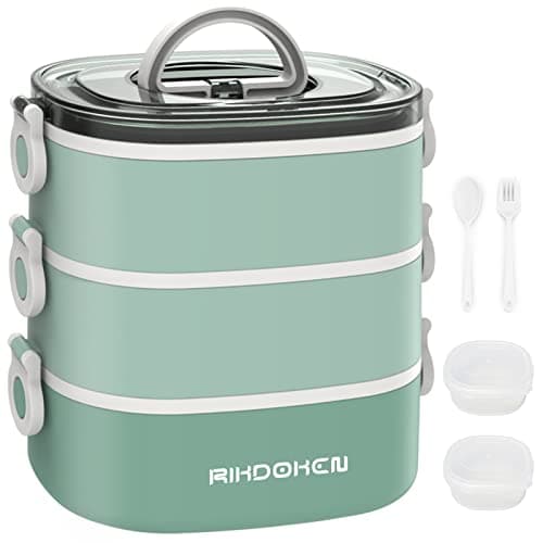 Image of Lunch Box, Stackable 3 Layers Containers, Portable 98OZ Large Capacity Leakproof Bento Box with Spoon & Fork & Sauce Boxes, Microwave Safe Lunch Box for Kids and Adults