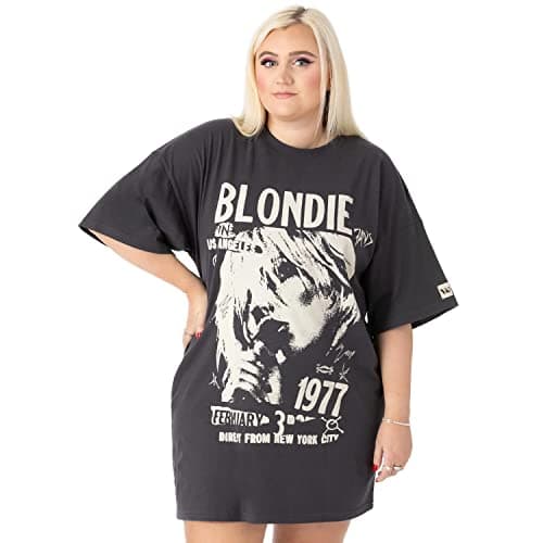 Image of Blondie Womens T-Shirt Dress | Charcoal Grey with Classic Band Logo Oversized Graphic Tee for Ladies | Direct from New York Tour Outfit | Pop Rock Concert Gig Top | Festival Merchandise Gift