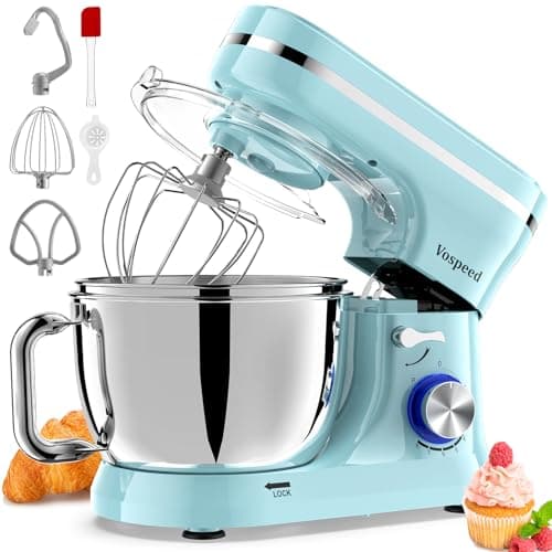 Image of Vospeed Stand Mixer, 4.5L+5L Bowls 8-speed 1000W Tilt-Head Food Mixer for Baking, Kitchen Electric Mixer with Dough Hook, Whisk, Beater, Splash Guard (Bule)