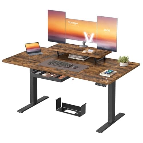 Image of VASAGLE Electric Standing Desk, Height Adjustable Desk, 140 x 70 cm, Flexible Monitor Stand and Drawer, USB-C Port, Sedentary Reminder, for Home Office, Rustic Brown LSD154KD02