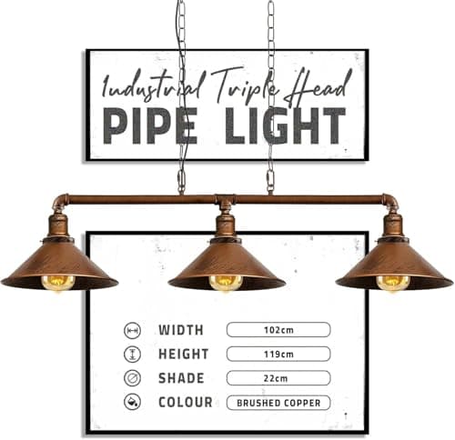 Image of DC VOLTAGE Industrial Suspended Ceiling Pendant 3 Lamp Metal Water Pipe Vintage 22cm Shade with Hanging Chain Light Fitting for Living Room Home Decor (Brushed Copper)