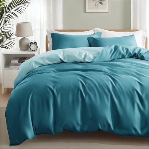 Image of Exclusivo Mezcla Single Duvet Cover Sets - 2 Pcs Pre Washed Bedding Set with Zipper Closure and Corner Ties, Reversible Brushed Microfiber Quilt Cover with 1 Pillowcase, Teal/Light Green
