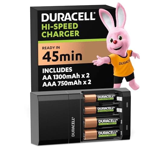 Image of DURACELL Hi-Speed Battery Charger, 45 minutes, Compatible with AA and AAA NiMh Batteries, 2x AA 1300mAh and 2x AAA 750 mAh, Rechargeable Batteries Included
