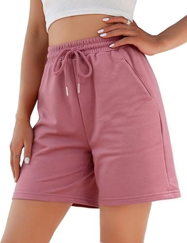 Image of Litherday Bermuda Shorts for Women Ladies Running Sweat Knee Length High Waist Lounge Loose Cotton Training for Gym Fitness Yoga Casual Jogging with Pockets (Rose Pink, XXL)