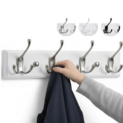 Image of LARHN Wall-Mounted Coat Rack - 4 Matt-Nickel Triple Coat Hooks for Wall on White Wooden Bamboo Base - 42 cm - All Fixings Included