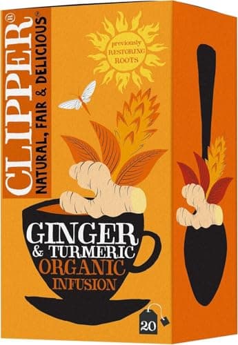 Image of Clipper Organic Restoring Roots Ginger & Turmeric Tea Bags | 20 Tea Infusions in Envelopes | Caffeine Free Teabags | Fairtrade Herbal Tea Bags | Natural, Unbleached Plant-Based & Biodegradable Sachets