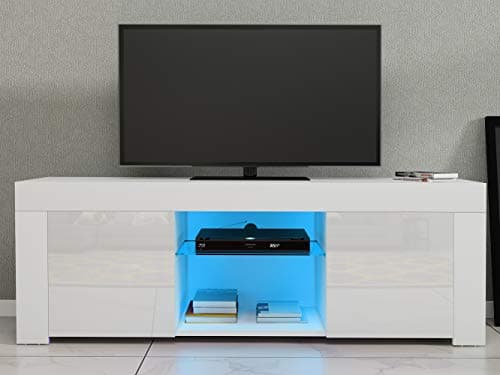 Image of Panana TV Unit Cabinet Sideboard Glass Shelf Storage Modern Stand Matt Body and High Gloss Doors 120CM with 16 Color RGB LED Lights (White)