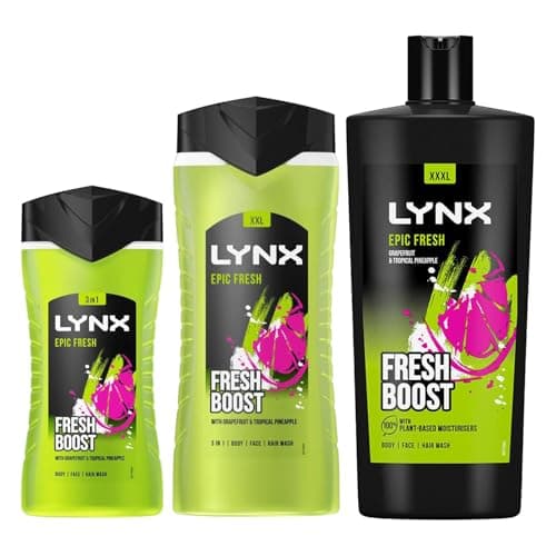 Image of Lynx Epic Fresh Shower Gel 3 Pack Bundle of 225ml, 500ml & 700ml Body Wash with Long-Lasting Citrus Scent for All-Day Freshness