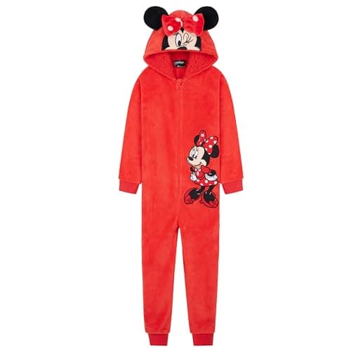 Image of Disney Stitch Onesie for Kids Fleece Pyjamas Lounge Wear Eeyore Minnie Mouse Stitch Gifts (5-6 Years, Red Minnie)
