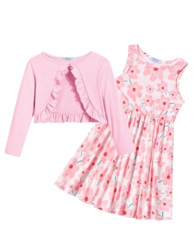 Image of Arshiner Girls Dress with Cardigan Sets Cotton 2Pcs Print Casual Swing Dresses Sleeveless Dress with Long Sleeve Ruffle Coat for Kids 9-10 Years