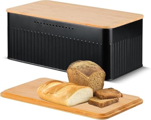 Image of Hossejoy Metal Bread Box with Bamboo Cutting Board Lid, Bread Storage Container for Kitchen Countertop, Modern Bread Bin Holder Breadbox, Kitchen Decor Organizer (Black)
