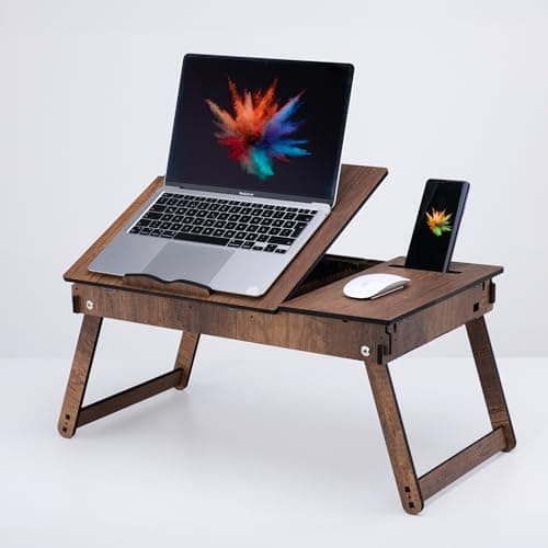 Image of Vigo Wood Laptop Stand for Bed, Adjustable Laptop Lap Desk and Lap Tray with Built-in Storage, Foldable and Ergonomic Design for Reading, Writing, and Working (Walnut)