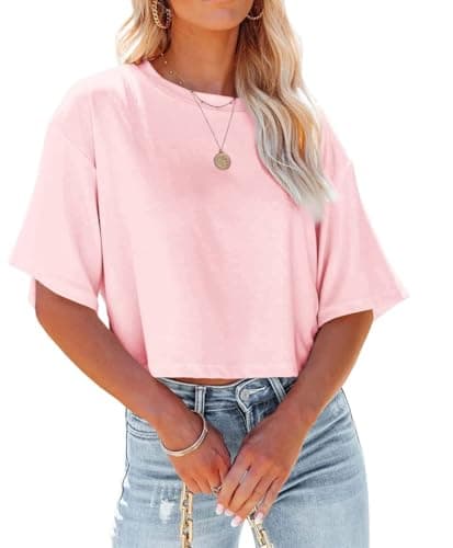 Image of Suncife Womens Workout Crop Tshirt Tops Hlaf Sleeve Casual Basic Loose Fit Tees T Shirt (Pink,S)