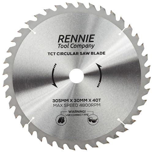 Image of Rennie Tools - 305mm x 30mm x 40T TCT Circular Wood Saw Blade Includes 25mm 20mm & 16mm Bore Reduction Rings. Compatible with Bosch Makita Dewalt Circular Saw Etc.