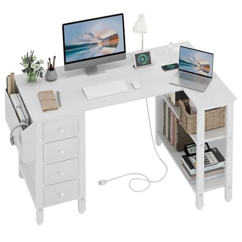 Image of Lufeiya White L Shaped Computer Desk with Drawers & Storage Shelves, 120CM Corner Reversible Desk with UK Power Outlet for Home Office Bedroom, L-Shaped Teen PC Desks with Fabric Drawer, White