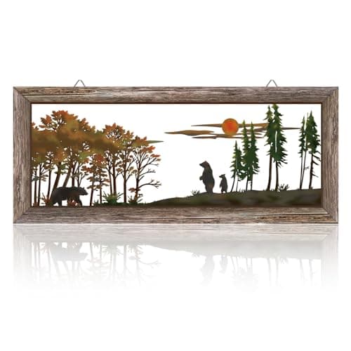Image of KOYILTD Woodland Bear Wall Decor Rustic Wood Frame Wildlife Wall Art Farmhouse Cabin Decoration Rustic Cabin Decor Bear Decorations for Home Bedroom Living Room Wall Hanging (T)