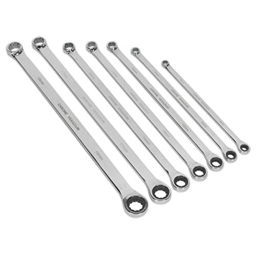 Image of Sealey Ak6319 Double Ring Ratchet/Fixed Spanner Set 7Pc Extra-Long Metric
