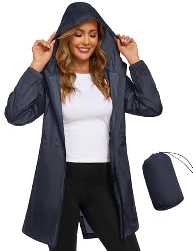 Image of Vancavoo Waterproof Jackets Women Raincoat Ladies Lightweight Rain Coats Long Windbreaker Packable Hooded Outdoor Running Jacket,Navy blue,M