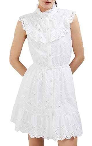 Image of French Connection Women's Appelona Anglaise Ss Frill DRS Business Casual Dress, Linen White, 14