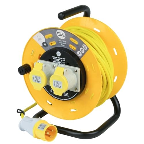 Image of SLx 110V Extension Lead Industrial 25m Open Drum Cable Reels, 2 Socket with Thermal Cut Out, Heavy Duty Indoor and Outdoor Extension Cable, 16A Fused UK Plug