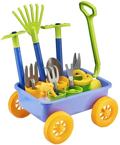Image of Delex Pull along Kids Wagon Wheelbarrow and Gardening, Beach and Tools Play Set With Water Pail and Spray Includes 10 Accessories and 4 Plant Pots