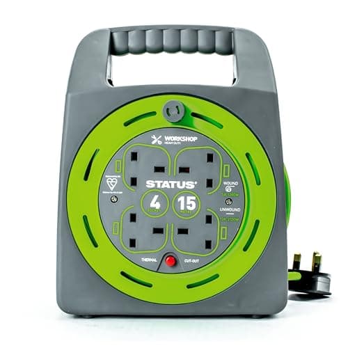 Image of STATUS 4 Socket Cable Reel, 15m, Green, 13 Amp, Thermal Cut Out, Heavy Duty, Outdoor Extension Lead, Ideal for Garden, DIY, Workshop, Power Tools (S15M13ACR4)