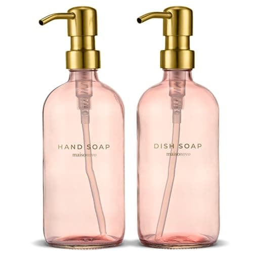 Image of MaisoNovo Hand and Dish Soap Dispenser Kitchen Set - 500 ml Pink Glass Soap Dispenser Bottle with Pump Golden x 2, Waterproof Labels