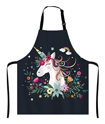 Image of Wasach Floral Unicorn Apron, Fantasy Unicorn Adjustable Neck Bib for Men Women,Suitable for Kitchen Cooking Waitress Chef