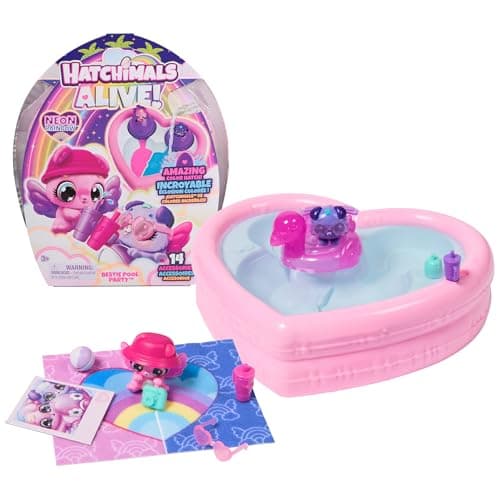 Image of HATCHIMALS Alive, Neon Rainbow Bestie Pool Party Toy with 2 BFF Mini Figures in Color Reveal Eggs & 14 Accessories, Kids Toys for Girls & Boys Ages 3+