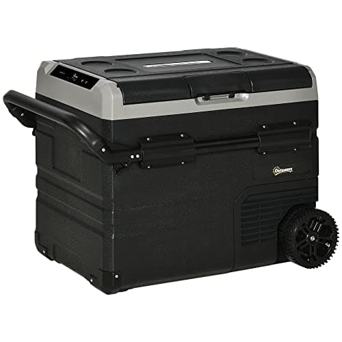 Image of Outsunny 50L Car Refrigerator, Portable Compressor Cooler Box, Fridge Freezer w/Inner LED Light, Foldable Handles, Cup Holders, 12/24V DC and 110-240V AC for Campervan RV Boat Travel Down to -20℃