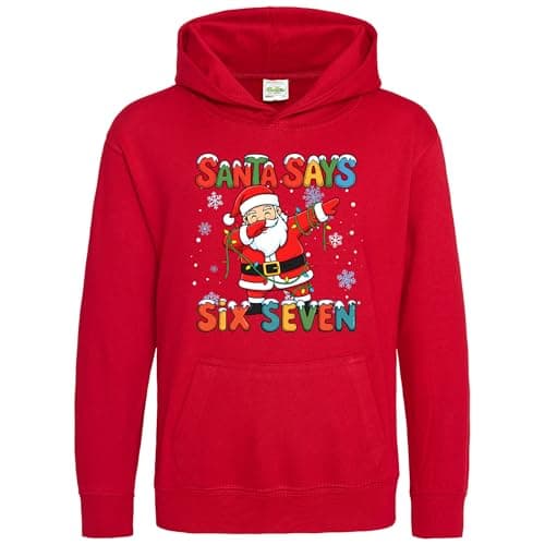 Image of Purple Print House Funny Santa Six Seven Hoodie Dabbing Santa Meme Xmas Hooded Top Boys Girls Father Christmas 6 7 Viral Trend Top, 12-13 Years, Red