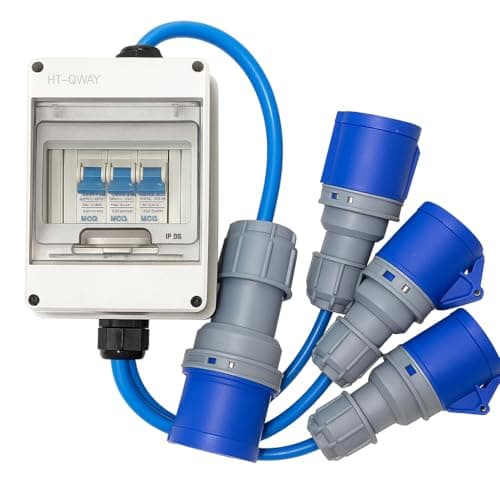 Image of 32A to 3 x 16A 3 Pin Single Phase MCB Splitter Box – 230V Blue IP65 Waterproof – IEC 60309 2P+E – Arctic Grade Cable – 16A MCB Protected Outlets – PAT Tested