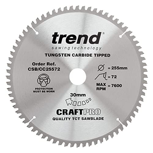 Image of Trend Wood Mitre Saw Blade, 255mm Diameter, 30mm Bore, 72 Teeth, 2.4mm Kerf, -5° Hook, TCT, Extra-Fine Finish, CSB/CC25572