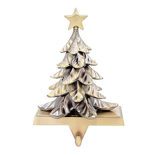 Image of The Christmas Workshop Stocking Holder/Antique Finish Hanger in Silver or Gold/Festive Decoration with Metal Hook and Weighted Base/Reindeer or Christmas Tree (Gold Christmas Tree)