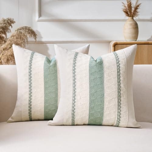 Image of Boho Throw Pillow Cover 50x50 CM Set of 2 Sage Green Bohemian Modern Farmhouse Sofa Cushion Covers Linen Decorative Square Striped Pillowcases for Living Room Bedroom Sofa Home Decor Garden