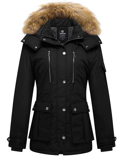 Image of Wantdo Women's Quilted Winter Coat Faux Fur Hooded Puffer Jacket Ladies Warm Padded Parka Waterproof Windproof Outerwear Black XL