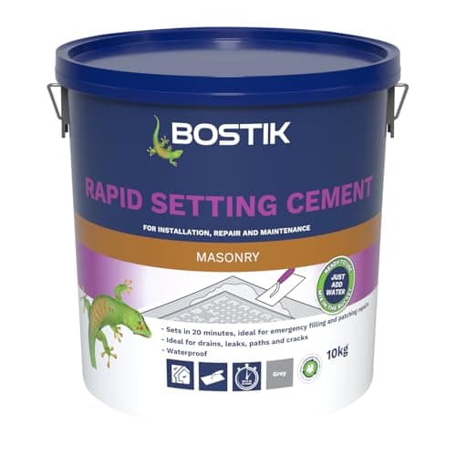 Image of Bostik Rapid Setting Cement 10kg - Fast-Setting 20 Minute Waterproof Repair Mortar - Ready Mixed, Just Add Water - Strong & Durable - For Drain Repairs & Concrete Fixing - Indoor & Outdoor Use