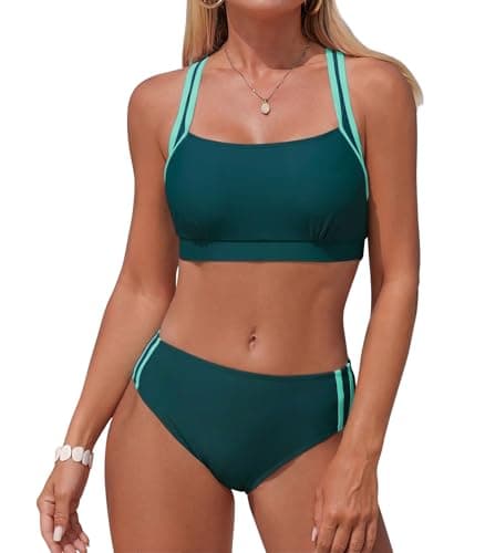 Image of Adigaber Women's Bikini Sets Mid-Waist Bottom Solid Bathing Suits Ladies Swimsuit Sporty Padded Beachwear Blue-Green
