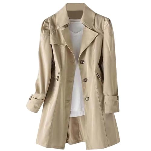 Image of Khaki Women's Trench Coat - Water Repellent, Mid Long, Slim Fit, Notch Lapel, Button Front, with Pockets, Long Sleeve, Classic Jacket Windbreaker for Ladies Autumn Airport Going Out M