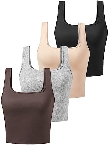 Image of BryticFlow Cotton Crop Tops for Women Tank Tops Ladies Square Neck Going Out Tops Gym Athletic Sports Shirts Exercise Undershirts 4 Pack Black/Grey/Apricot/Coffee L