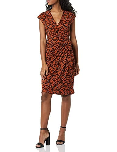 Image of Amazon Essentials Women's Classic Cap Sleeve Wrap Dress for Wedding Guest and Evening Wear (Available in Plus Size), Brown Floral Print, XL
