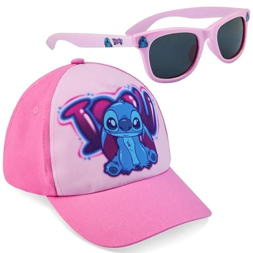 Image of Disney Stitch | Minnie Mouse | Frozen | Ariel Baseball Cap & Sunglasses for Girls, Hat & Sun Glasses with UV 400 Protection (Pink Stitch)