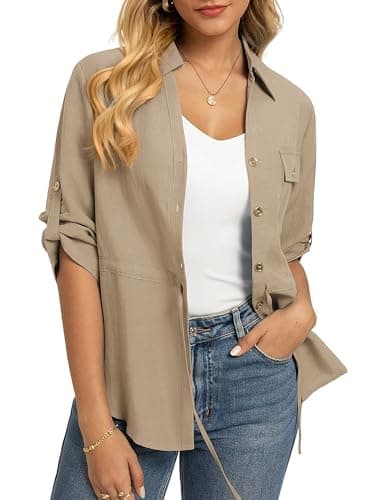 Image of GRACE KARIN Women's Summer V Neck Blouses Elegant 3/4 Sleeve Lyocell-Linen Tops Lightweight Button Down Business Going Out Shirts Khaki L